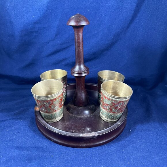 Vintage Brass Shot Glasses With Intricate Red & Green Floral Detailing And Woode - Picture 1 of 7